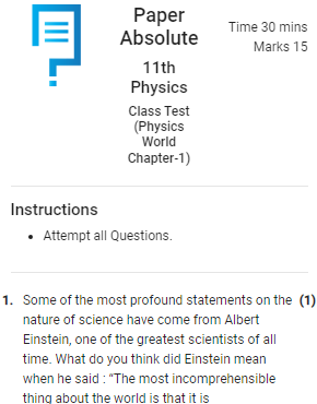 11th Physics – Class Test (Physics World Chapter-1) 15 marks